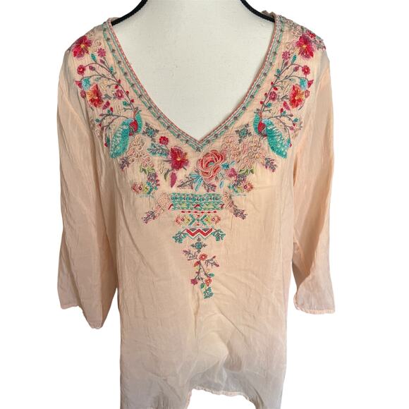 Johnny Was Embroidered Boho Tunic Top Medium Peach Floral Bird Cupra Rayon - Picture 3 of 11